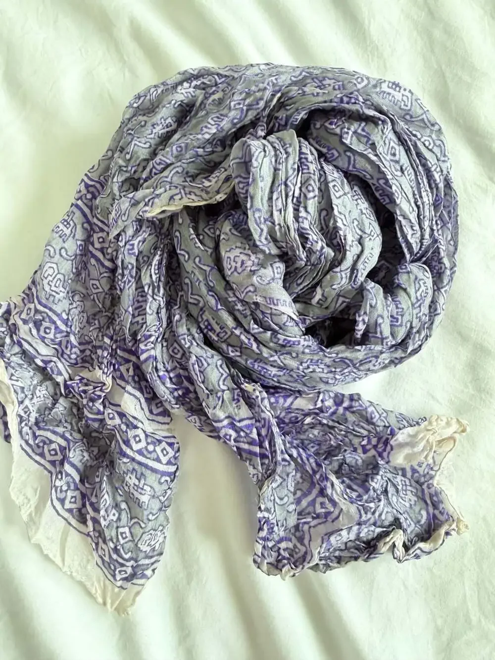 Vintage 100% Silk Purple and Grey Geometric Printed Crinkle Scarf